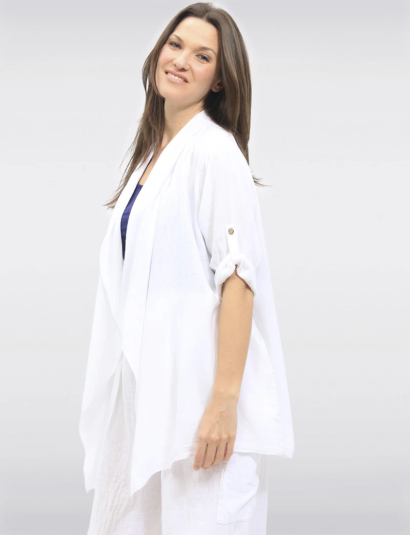 Flowy Linen-Blend Cardigan with Cascading Front & Rolled Sleeves by Froccella