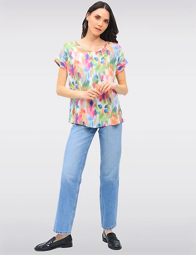 Vibrant Multi-Colored Flowy Top With Cap Sleeves & Fold-Over Cuffs by Ninety