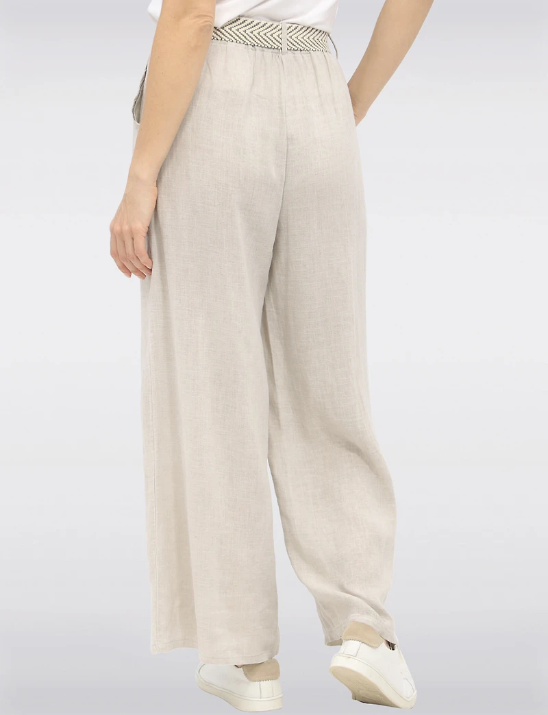 Relaxed Fit Wide-Leg Linen Pants with Decorative Buckled Belt by Froccella