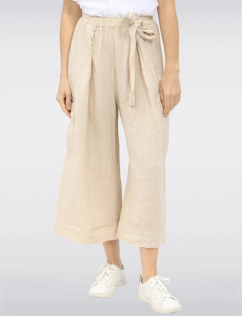 Relaxed Wide-Leg Linen Pants with High-Rise Pull-On with Tie Knot by Froccella