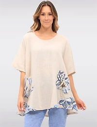 Linen-Cotton Floral Accent Tunic with Buttons and Short Sleeves by Froccella