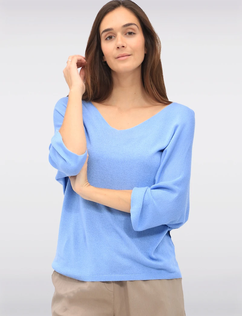 Elegant V-Neck 3/4 Dolman Sleeve Soft Knit Top by Froccella