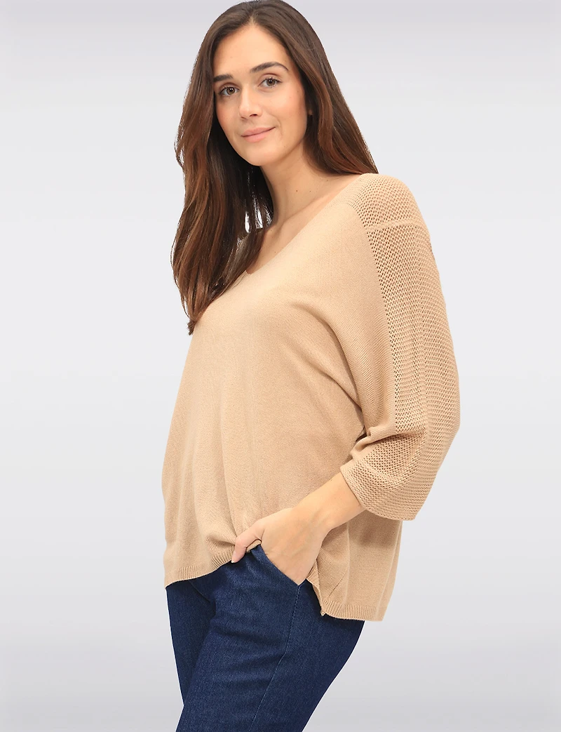 Boho V-Neck Knit Top with Dolman Sleeves & Crochet Shoulder Detail by Froccella