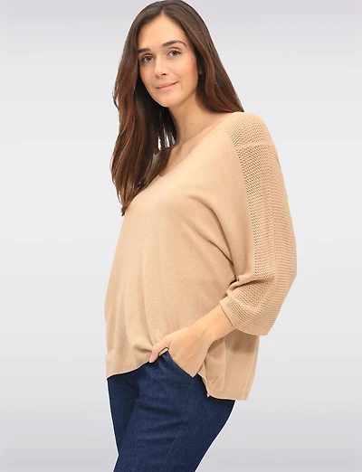 Boho V-Neck Knit Top with Dolman Sleeves & Crochet Shoulder Detail by Froccella