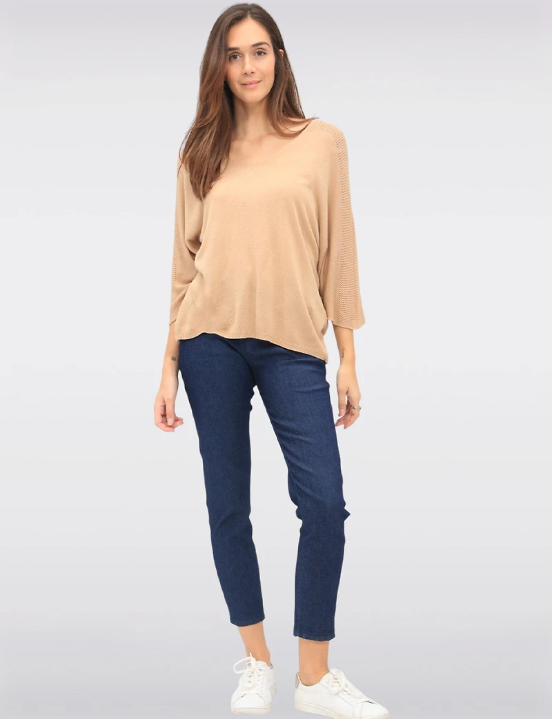 Boho V-Neck Knit Top with Dolman Sleeves & Crochet Shoulder Detail by Froccella