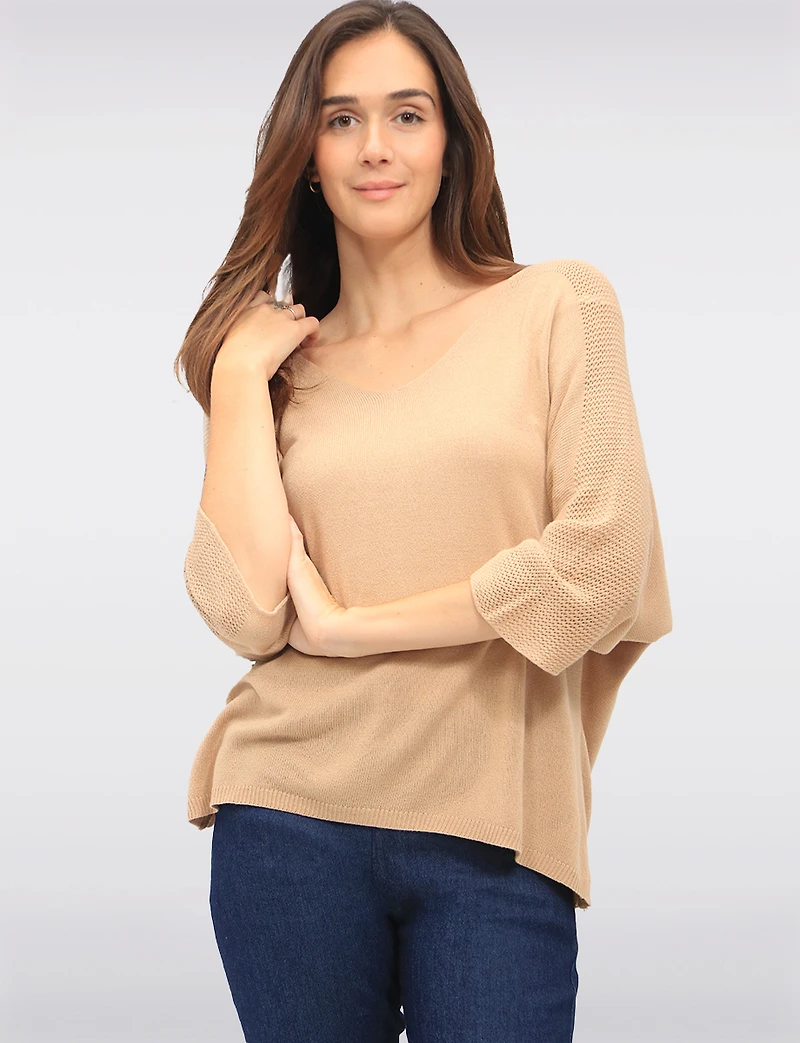 Boho V-Neck Knit Top with Dolman Sleeves & Crochet Shoulder Detail by Froccella