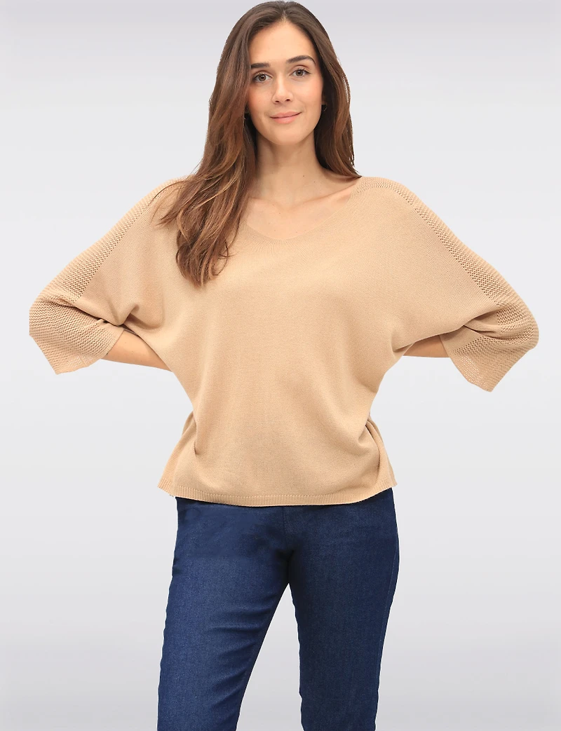 Boho V-Neck Knit Top with Dolman Sleeves & Crochet Shoulder Detail by Froccella