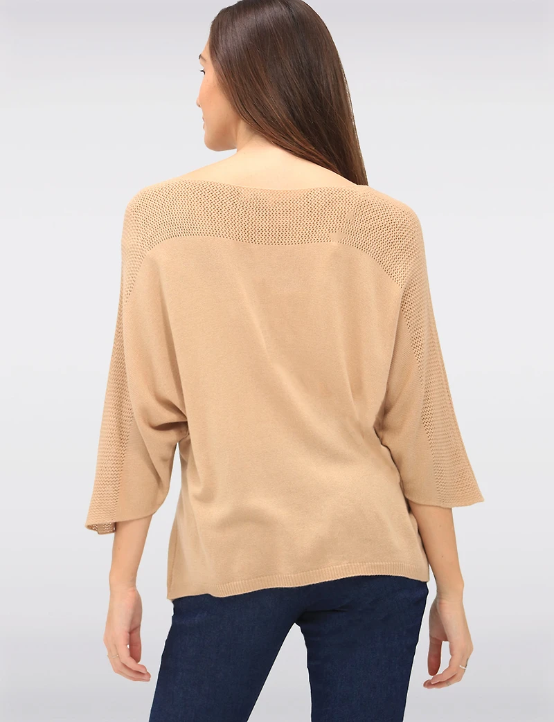 Boho V-Neck Knit Top with Dolman Sleeves & Crochet Shoulder Detail by Froccella
