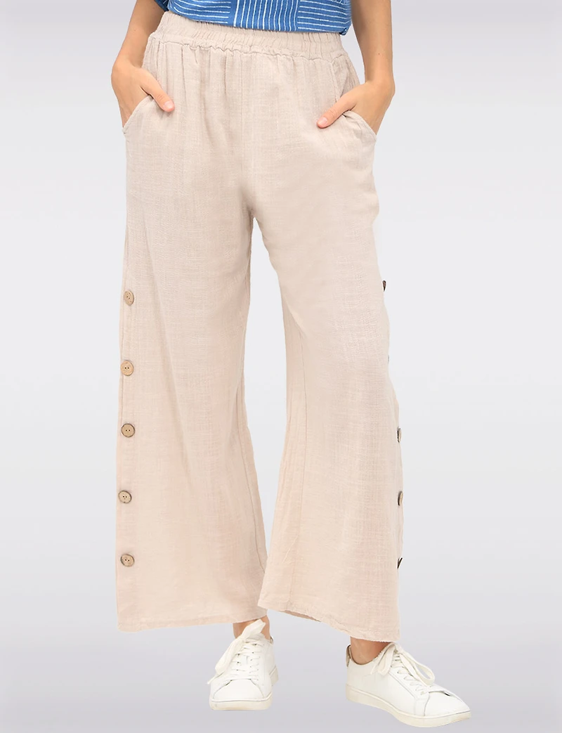 Cotton-Linen Lined Wide-Leg Pants with Button Accents and Pockets by Froccella
