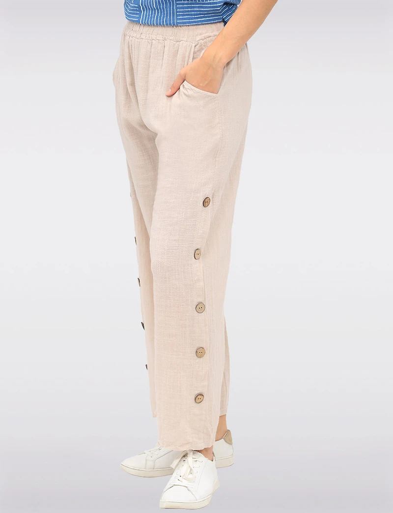 Cotton-Linen Lined Wide-Leg Pants with Button Accents and Pockets by Froccella