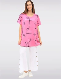 Loose-Fit Linen-Blend Abstract Print Tunic with Gathered Pockets by Froccella