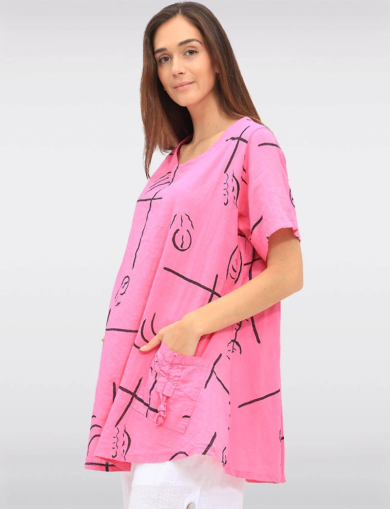 Loose-Fit Linen-Blend Abstract Print Tunic with Gathered Pockets by Froccella