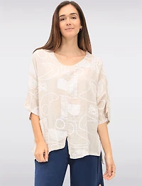 Linen-Blend Abstract Print Asymmetrical Tunic with Slits & Pocket by Froccella