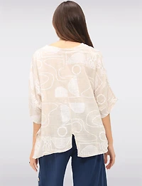 Linen-Blend Abstract Print Asymmetrical Tunic with Slits & Pocket by Froccella