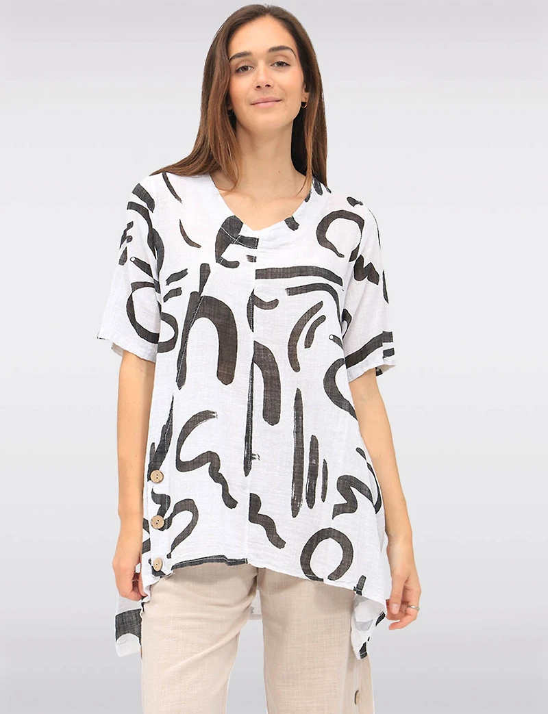 Linen Blend Abstract Print Tunic with Front Button Detail & Pockets by Froccella