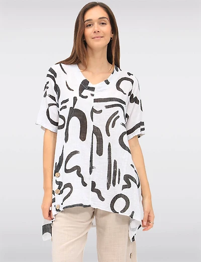 Linen Blend Abstract Print Tunic with Front Button Detail & Pockets by Froccella