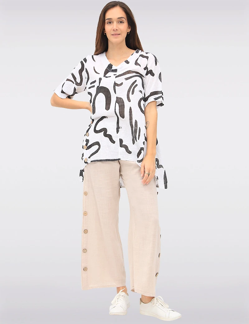 Linen Blend Abstract Print Tunic with Front Button Detail & Pockets by Froccella