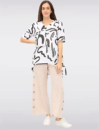 Linen Blend Abstract Print Tunic with Front Button Detail & Pockets by Froccella