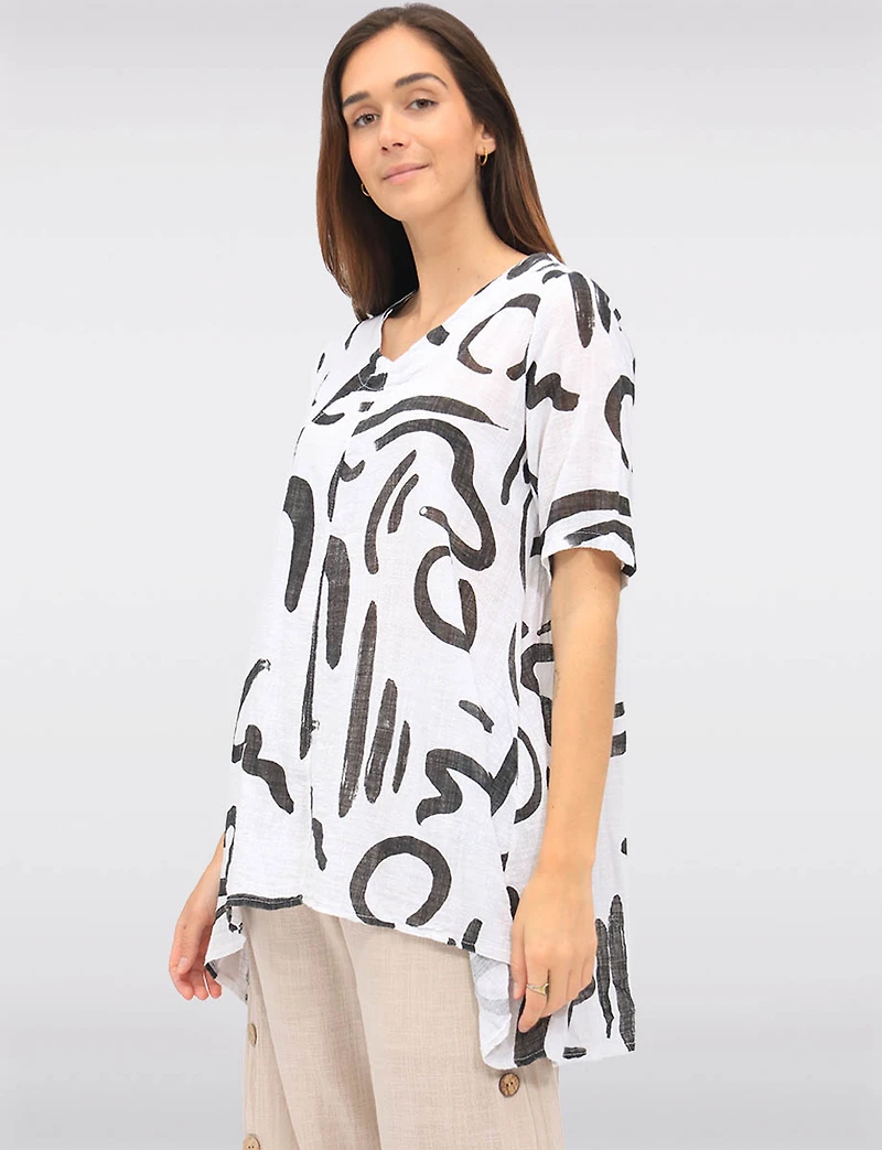 Linen Blend Abstract Print Tunic with Front Button Detail & Pockets by Froccella