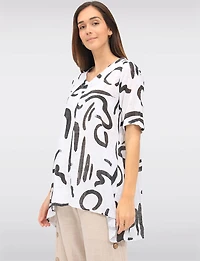 Linen Blend Abstract Print Tunic with Front Button Detail & Pockets by Froccella