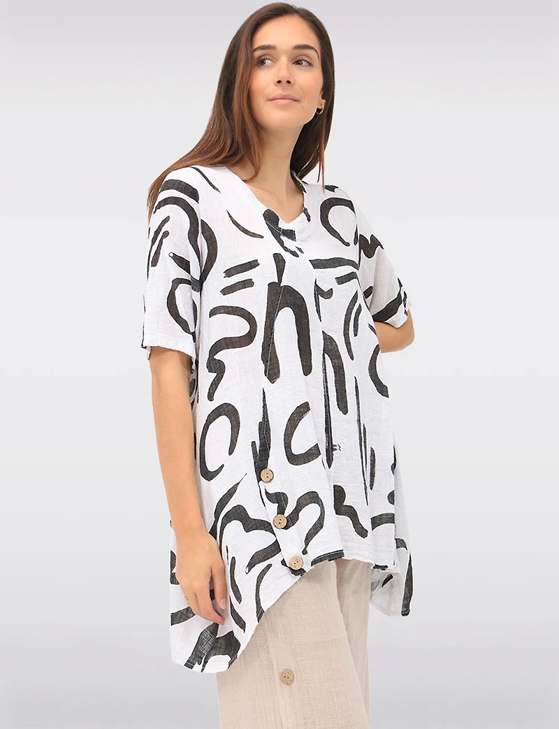 Linen Blend Abstract Print Tunic with Front Button Detail & Pockets by Froccella