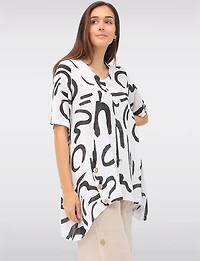 Linen Blend Abstract Print Tunic with Front Button Detail & Pockets by Froccella