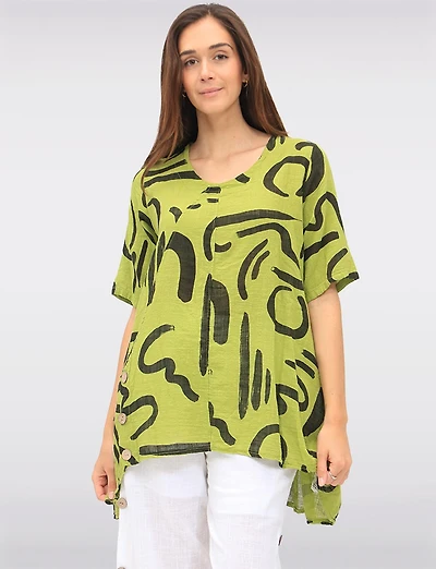 Linen Blend Abstract Print Tunic with Front Button Detail & Pockets by Froccella