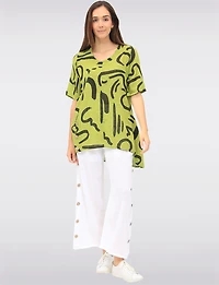 Linen Blend Abstract Print Tunic with Front Button Detail & Pockets by Froccella