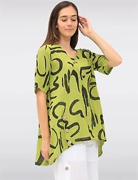 Linen Blend Abstract Print Tunic with Front Button Detail & Pockets by Froccella