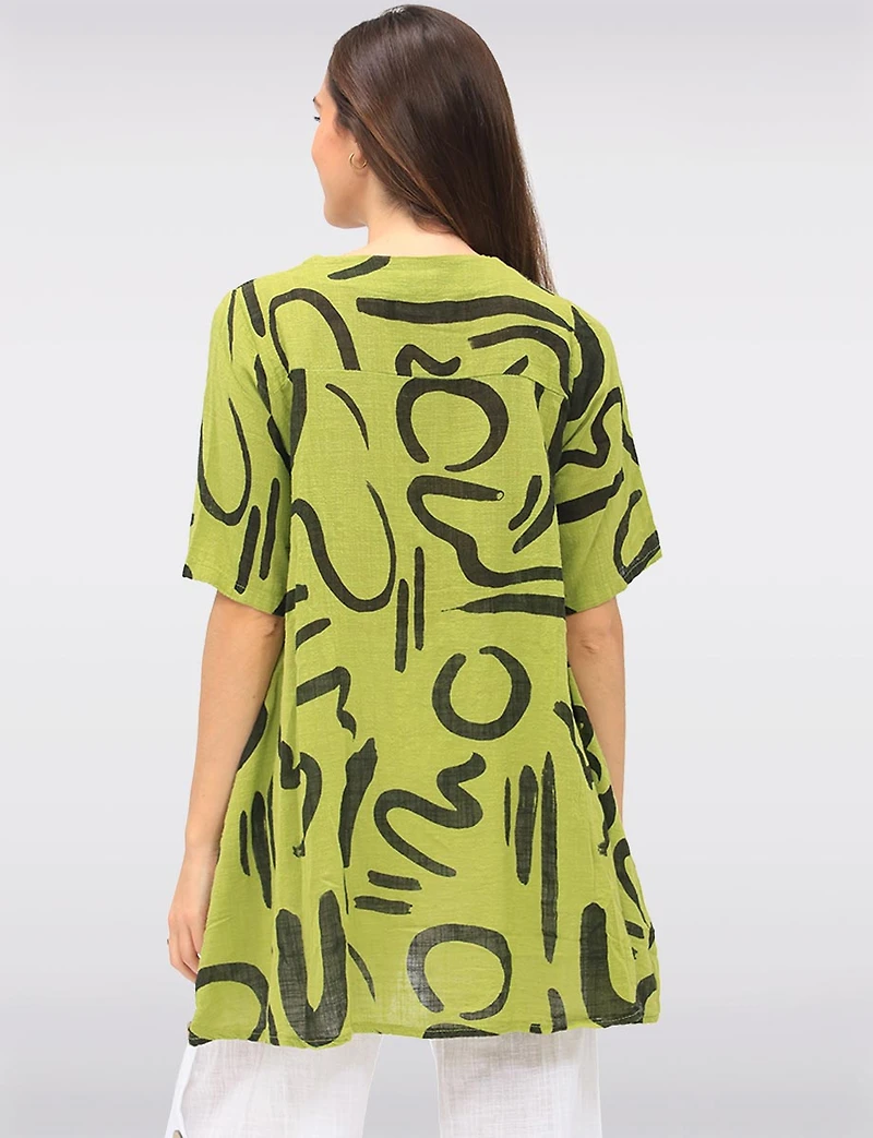 Linen Blend Abstract Print Tunic with Front Button Detail & Pockets by Froccella