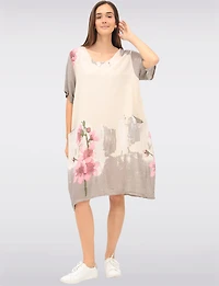 Linen Cotton Blend Floral Short Sleeve Balloon Dress With Pockets By Froccella