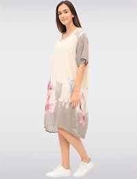 Linen Cotton Blend Floral Short Sleeve Balloon Dress With Pockets By Froccella