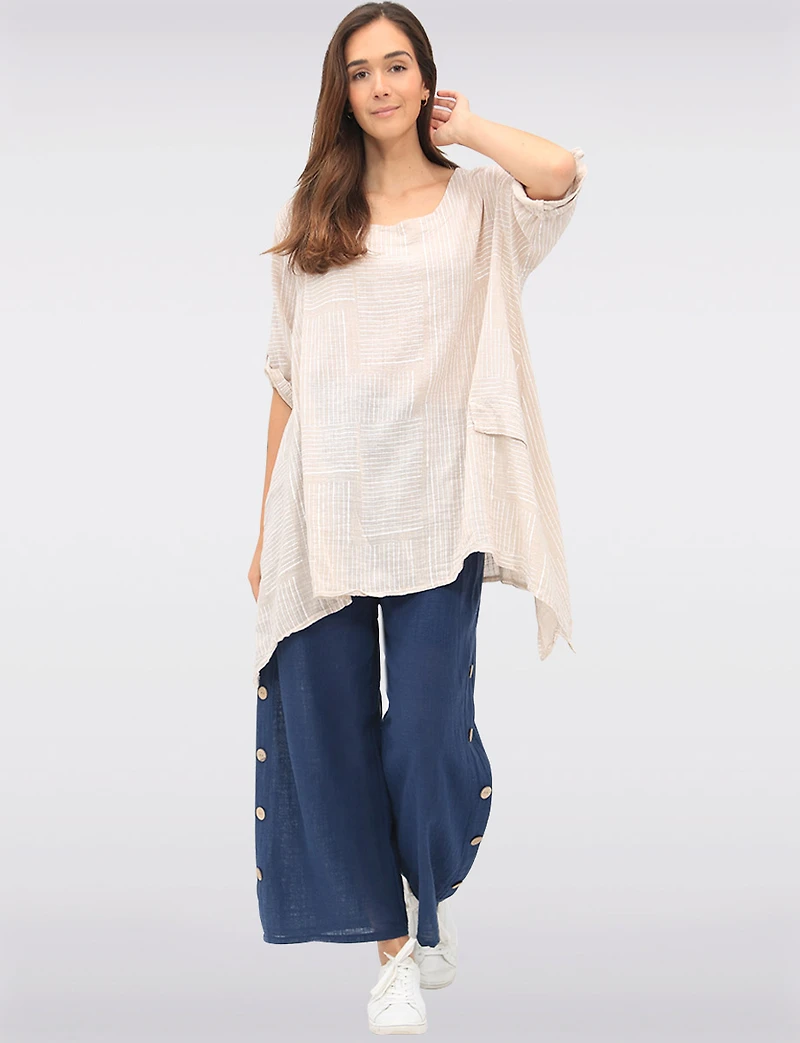 Linen-Cotton Dual-Stripe Draped-Look Tunic with Short Sleeves by Froccella