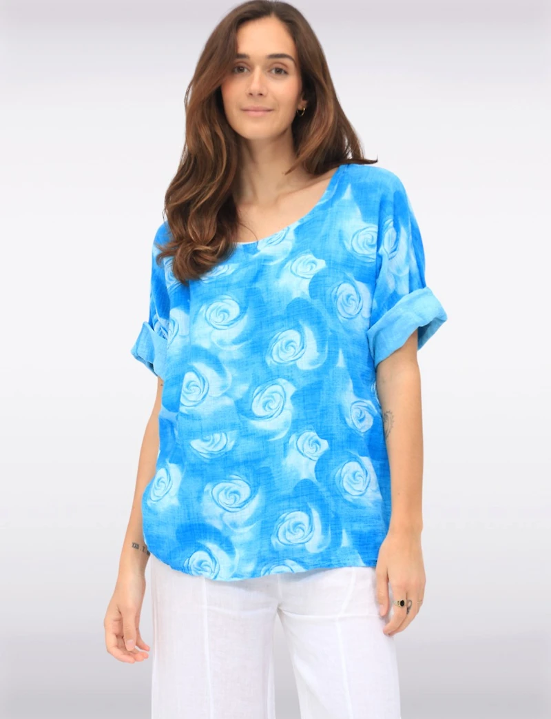 Breathable Cotton Circle-Print Short Sleeve Top with Round Neckline by Froccella