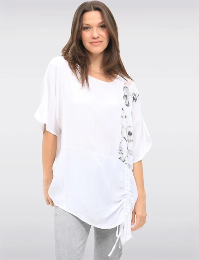 Short Sleeve Asymmetrical Ruffled Drawstring & Side Print Tunic by Froccella