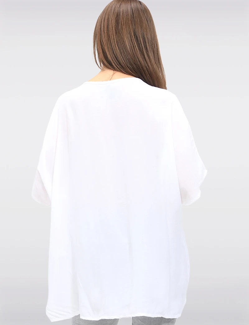 Short Sleeve Asymmetrical Ruffled Drawstring & Side Print Tunic by Froccella