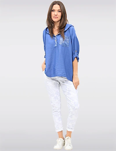 Crinkled Tropical Stretch Pants with Elastic Waist and Pockets by Froccella