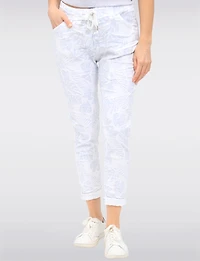 Crinkled Tropical Stretch Pants with Elastic Waist and Pockets by Froccella