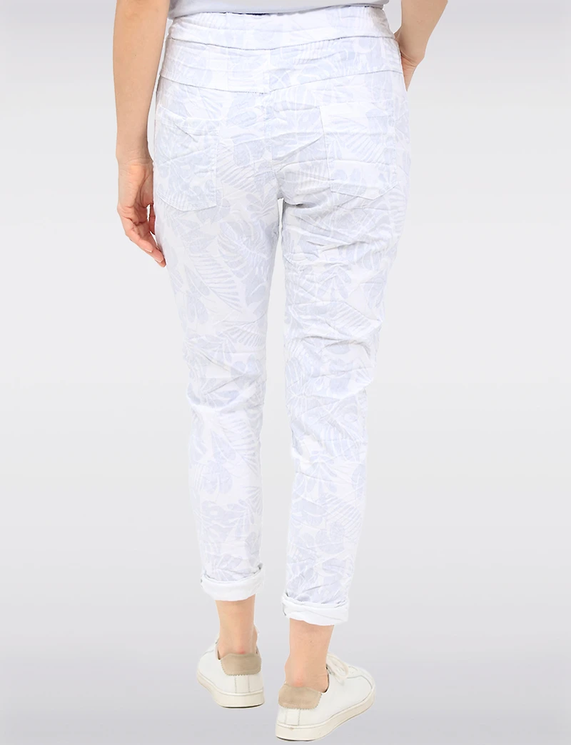 Crinkled Tropical Stretch Pants with Elastic Waist and Pockets by Froccella