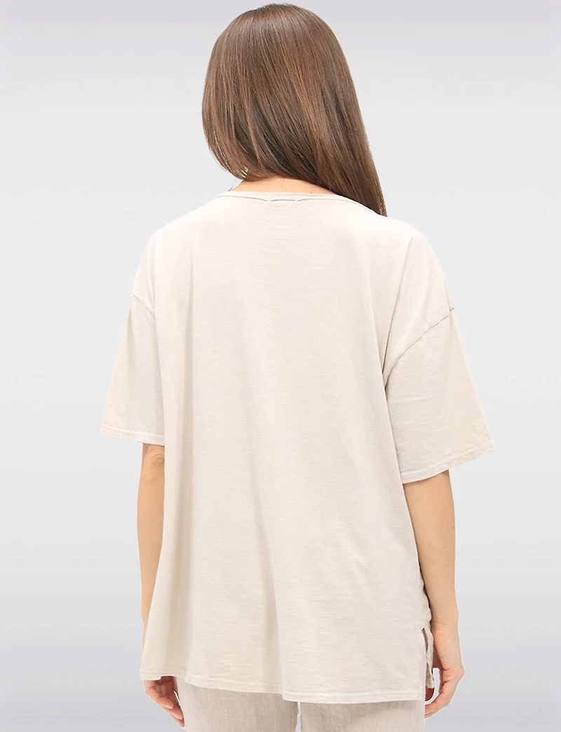 High-Low Cotton-Linen V-Neck Top with Sequin Details & Side Slits by Froccella
