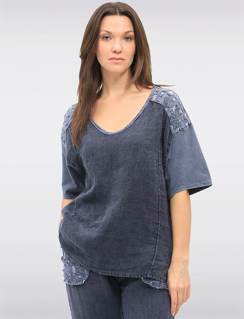 High-Low Cotton-Linen V-Neck Top with Sequin Details & Side Slits by Froccella