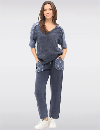 Lightweight Linen Pants with Sequin Pockets & Drawstring Waistband by Froccella