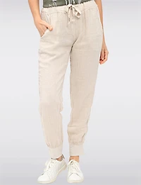 Pull-On Linen Pants with Cuffed Hem and Metallic Tape Detail by Froccella