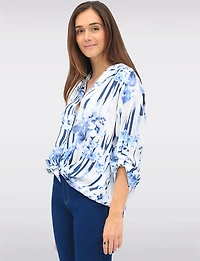 Bold Stripe & Floral Print Button-Down Blouse with Rounded Hemline by Froccella