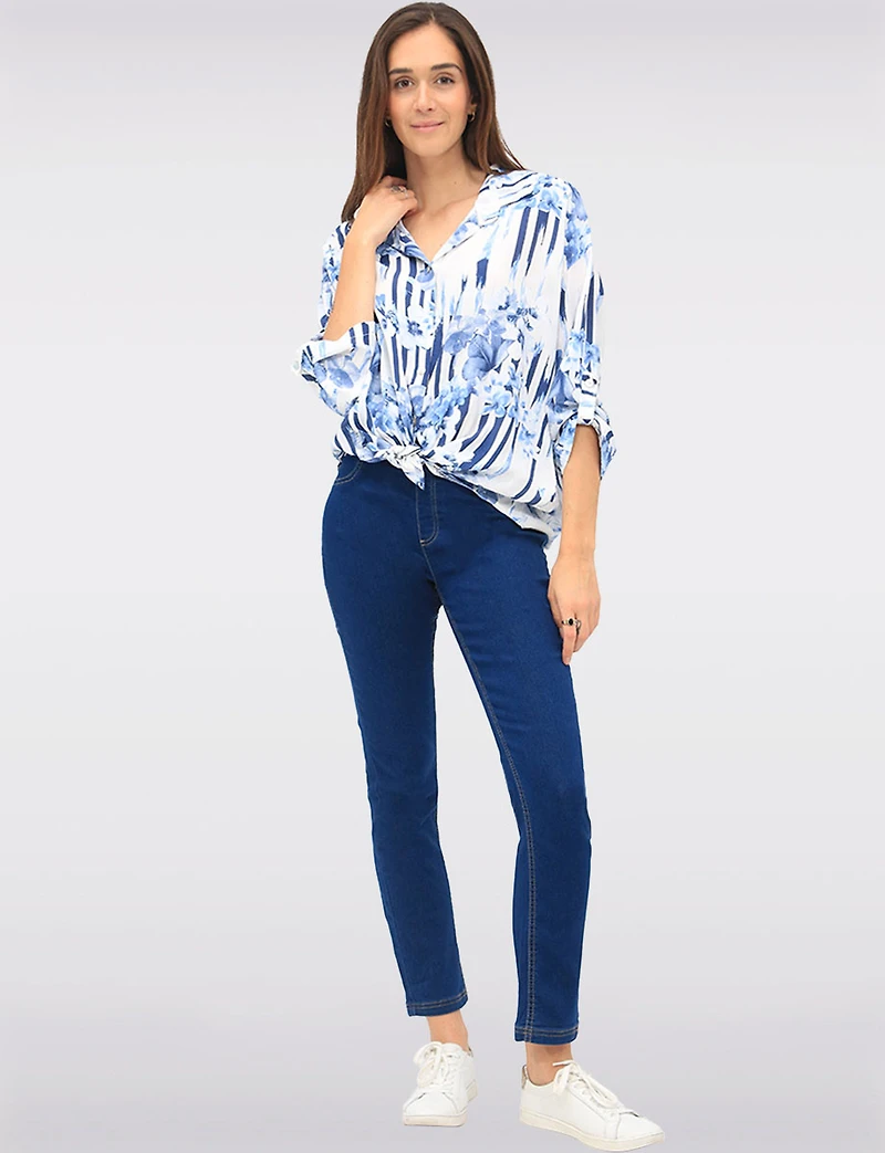 Bold Stripe & Floral Print Button-Down Blouse with Rounded Hemline by Froccella