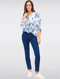 Bold Stripe & Floral Print Button-Down Blouse with Rounded Hemline by Froccella