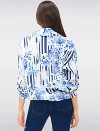 Bold Stripe & Floral Print Button-Down Blouse with Rounded Hemline by Froccella