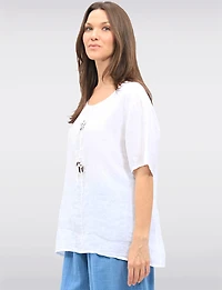 Chic Linen Short Sleeve Top with Decorative Front Button Accents by Froccella