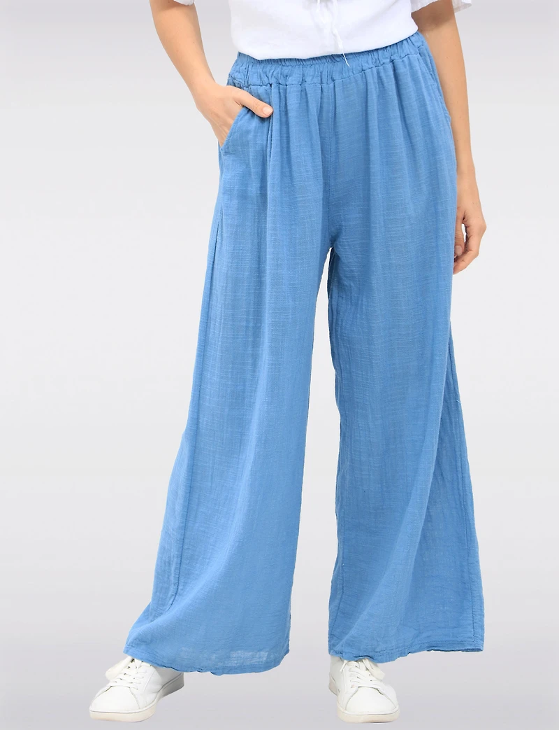 Solid Cotton Pull-On Wide-Leg Pants with Elastic Waist & Pockets by Froccella