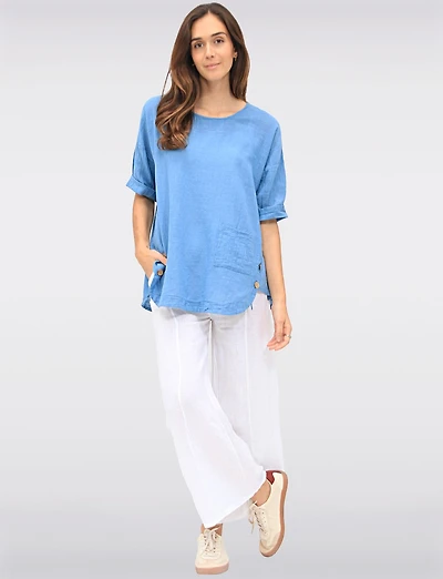 Loose-Fit Cotton Short Sleeve Top with Front Pocket & Button Detail by Froccella